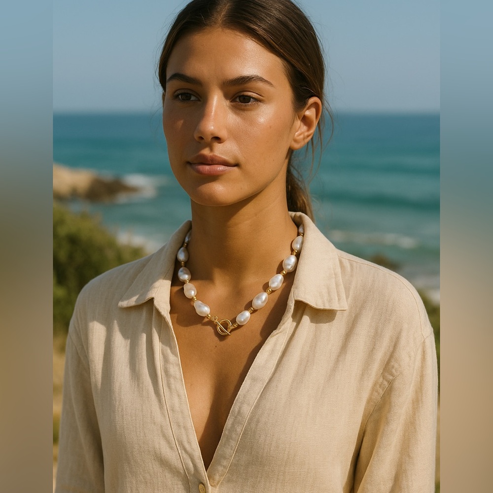Anthropologie Pearl Necklace – Baroque Gold Toggle Chain coastal beach vacation - Picture 1 of 6